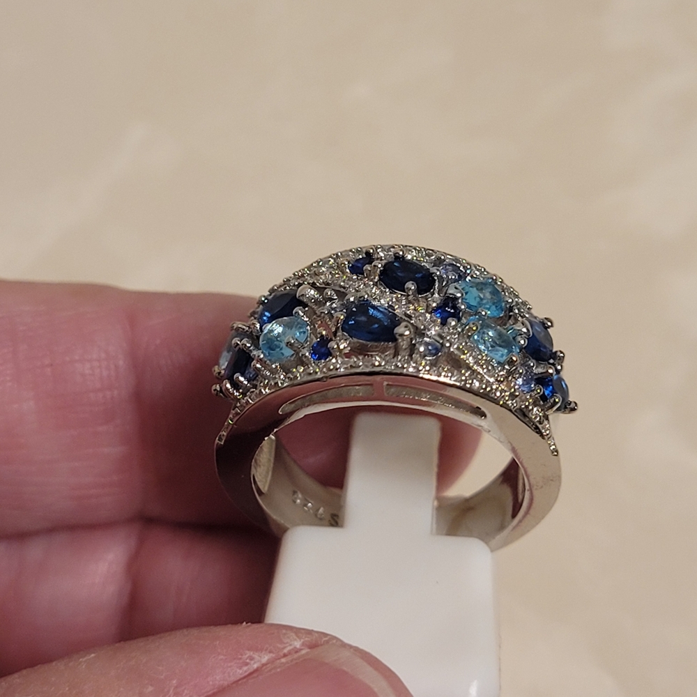 925 Silver CZ Aquamarine and Sapphire Cluster Ring Size 7.5 - Picture 6 of 7